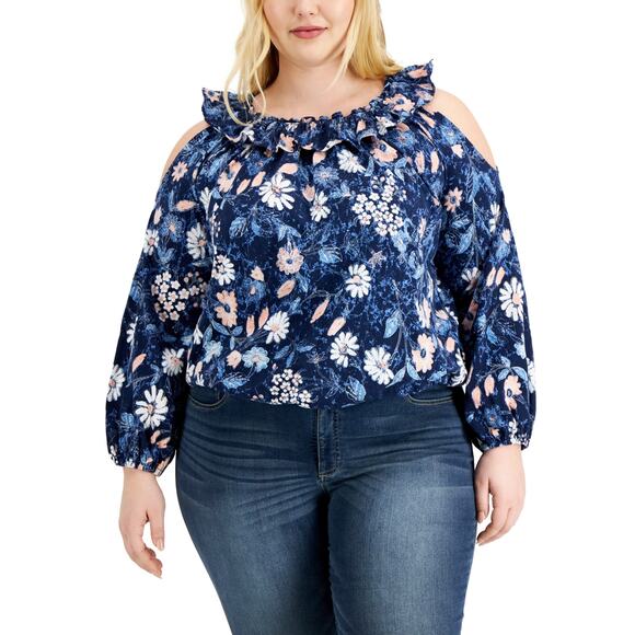 INC Blue Floral Cold Shoulder Ruffle Trim Feminine Top Blouse Plus Size 4x New - Picture 1 of 8
